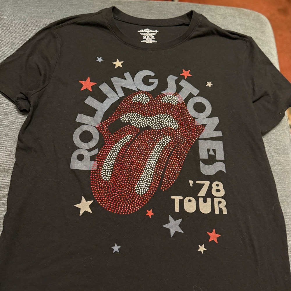 Rolling Stones 78 Tour Rhinestone Tongue Logo Graphic Tee Black‎ Women Small